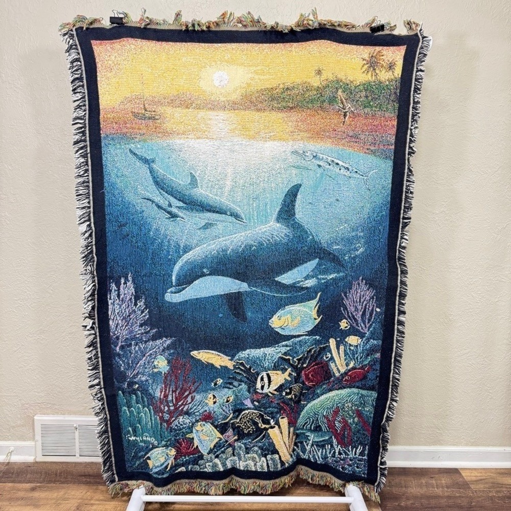 Vtg Wyland Studios Tapestry Throw Blanket 42x60 Marine Sea Life Novelty Cotton